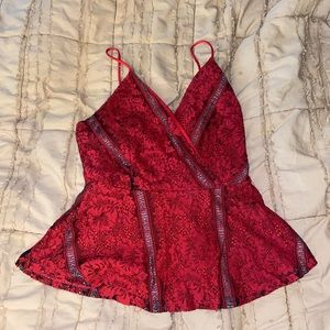 Red lace thin strap peplum tank top